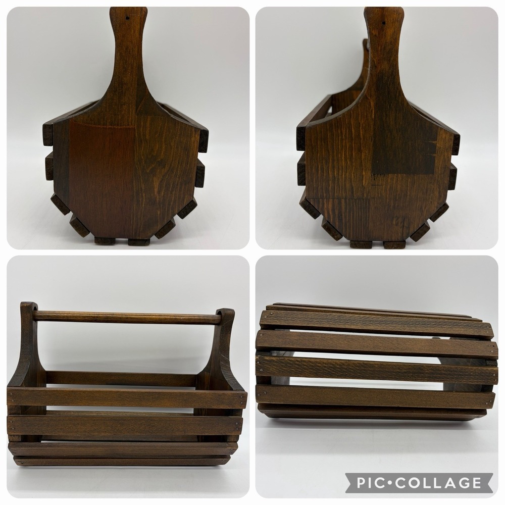 Vtg Oak Wood Tool Caddy Garden Trug Utility Tote Carrier Rustic CottageCore - Picture 3 of 16